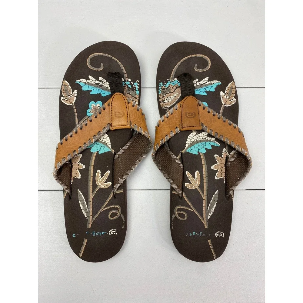 Y2K Cobian Floral Whipstitch‎ Flip Flops Women USA 8 Brown Turquoise Sandals